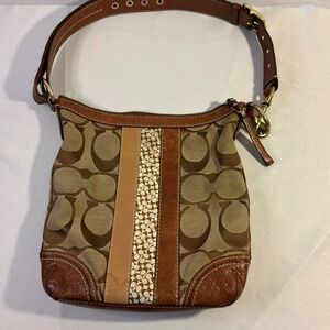 Coach Signature Canvas Stripe Hobo Bag Brown Tan Leather Vintage